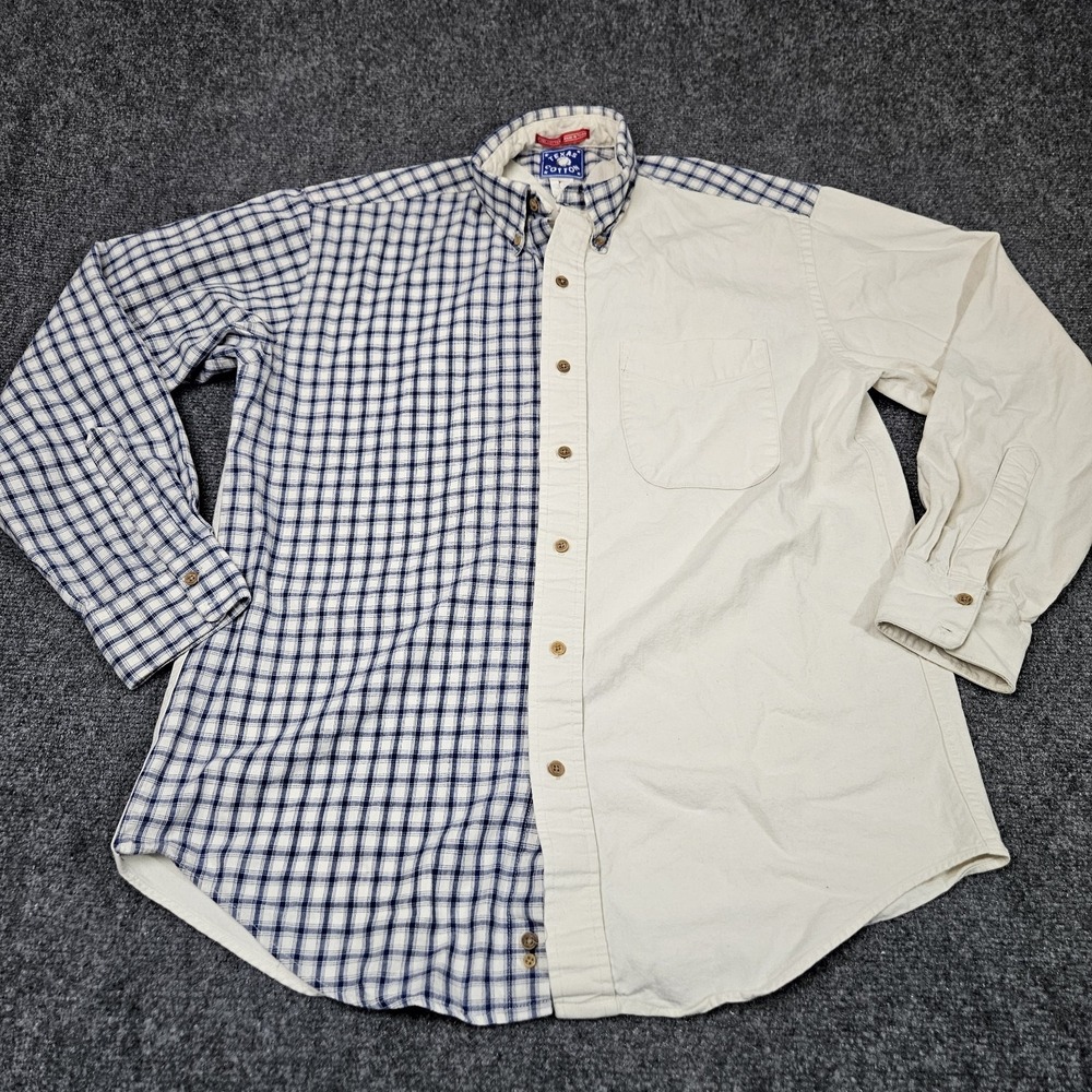 Texas Cotton Button Down Shirt M Cream Plaid Split Panel Vintage Western USA